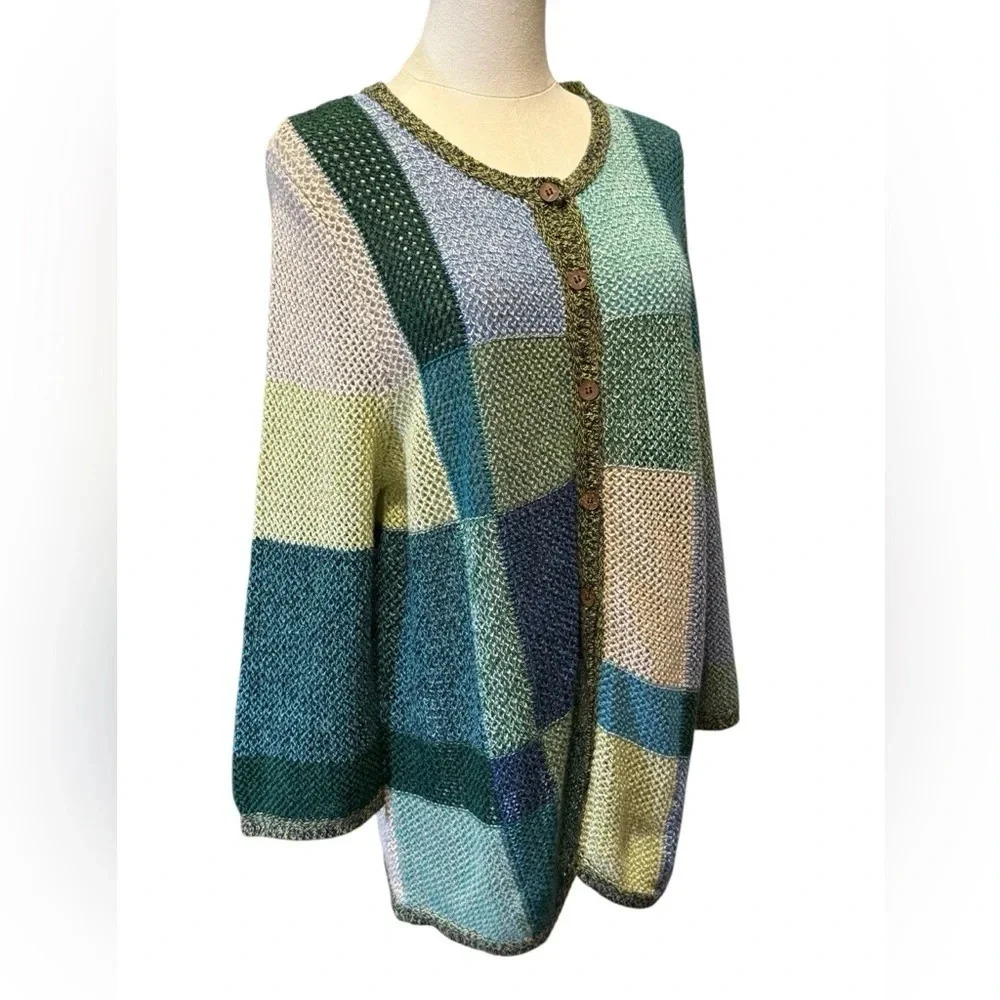 Patchwork Cottagecore Open Knit Blue Green Button Cardigan Sweater Womens Large - Picture 5 of 13